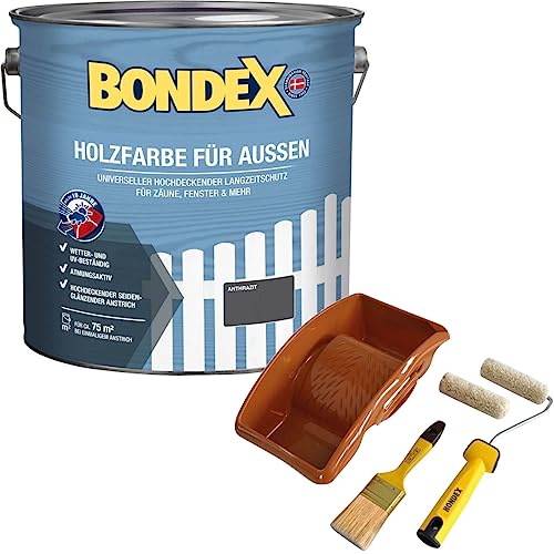 Bondex Holzfarbe für Außen 7,5 L Anthrazit | Aktionspaket mit Streichset | für ca. 75 m² | Wetter- & UV-beständig | atmungsaktiv | seidenglänzend von Yoursol
