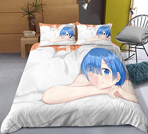 Re:life In A Different World From Zero-Rem/Ram Anime Bettwäsche-Sets Cartoon 3D-gedrucktes Polyestergewebe 1 Bettbezug + 2 Kissenbezüge (keine Bettdecke) von YuZong