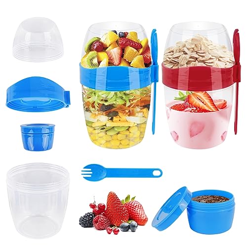 2 Stück Müslibecher to Go Groß Joghurtbecher Kinder Salatbecher Porridge Becher mit Löffel Deckel 310ml+560ml Müsli Behälter Joghurt Müslibox Dressing Frühstücksbehälter 3 IN 1 Overnight Oats Gläser von Yuechenggui