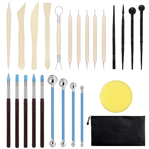 Töpferset Töpferwerkzeug, 25 Stück Modellierwerkzeug Set,Sculpting Polymer Clay Tools Töpfern Werkzeug Fondant Prägestift Ton Modelierwerkzeugset mit Transporttasche für Kinder Erwachsene Anfänger von Yuechenggui