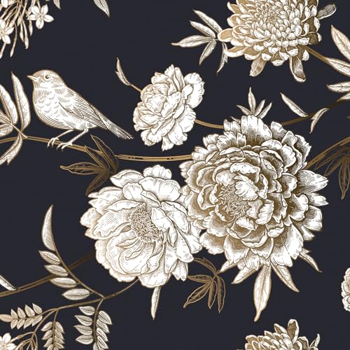 Yullpaper Selbstklebende Tapete Blumen Schwarze Gold Klebefolie Blumen Vogelmuster Vintage Tapete Schwarz Gold Luxuriös Schrankfolie Möbelfolie Selbstklebend Tapeten Wohnzimmer Muster 44.5cm X 300cm von Yullpaper