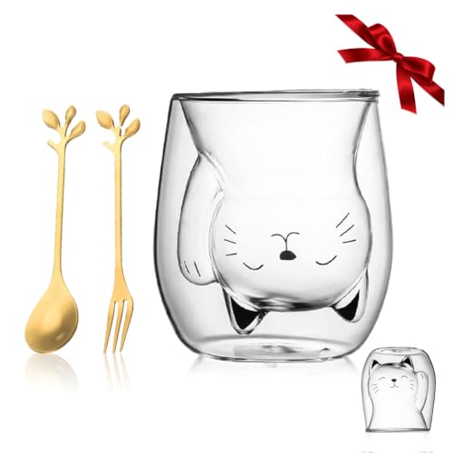Yuragim Katzen Tasse Süße Tasse, 200ml Doppelwandige Gläser Kawaii Katze Kaffeetasse Teetasse Doppelwandige Isoliergläser Weihnachten Becher, Geburtstagsgeschenke Geschenk für Frauen Katzenliebhaber von Yuragim