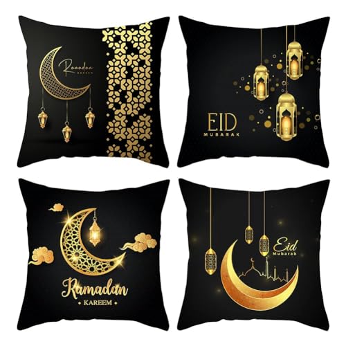 YuuFcy 4 Stücke Ramadan Kissenbezüge Eid Mubarak Kissenhülle Goldene Mond Laterne Muster Eid Ramadan Wurfkissenbezüge für Muslim Dekoration Deko Sofa Wohnzimmer Kissen (04) von YuuFcy