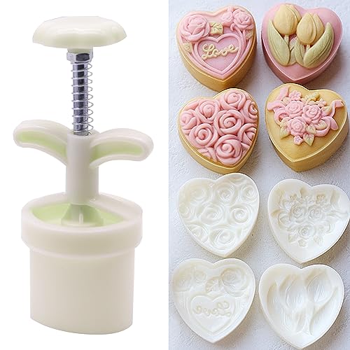 Mooncake Mould Press, 3D Herzform Mondkuchen Presse mit 4 Briefmarken, Mondkuchenform Mooncake Pressformen Cookies Mould Kuchen Dessertform, für Backen DIY Cookie, Weiß, 1 Set von Yxmohala