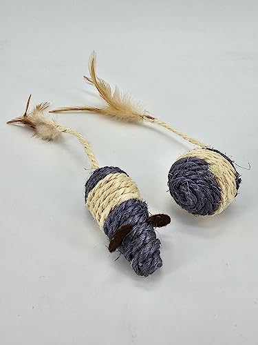 ZAMIBO Katzenspielzeug Maus 24 cm und Ball 4 x 18 cm, Sisal und Feder, Grau Weiß von ZAMIBO