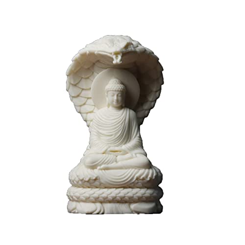 ZEBEYE Chinesische Feng Shui-Skulptur, Sakyamuni Amitabha mit Schlangen-Buddha-Statue, weiße Buddha-Statue mit Elfenbeinfrucht-Finish for Heimbüro-Tempeldekoration von ZEBEYE