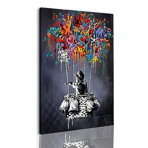 ZEMRARE Graffiti-Stil Banksy Wandkunst Kinder Ballon Straße Leinwand Wanddekoration Lustig Gerahmte Malerei Drucke Galerie Paket für Schlafzimmer Wohnzimmer Dekor Badezimmer Dekor 40 x 60 cm von ZEMRARE