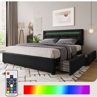 Polsterbett Betten mit Bettkästen Einzelbett 140x200cm mit LED-Beleuchtung und 4 Schubkästen Schwarz - Schwarz von ZERBACO