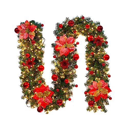 ZHDOKA 8,9 Fuß Weihnachtsstern-Blumengirlande, Künstliche Weihnachtsblumengirlande mit Weihnachtskugeln und Tannennadel, Weihnachtsbaumschmuck-Mantelgirlande für(Rot – mit Lichterkette) von ZHDOKA