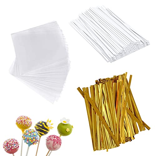 ZHIQIN 300 Stück Cake Pop Stiele Set 100 Lollipop-Sticks 100 Cellophantüten Klar Klein mit 100 Twist Krawatten für Gebäcke Süßigkeiten von ZHIQIN