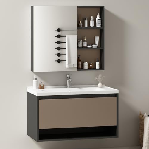 ZHOMGG Badezimmerschrank Set mit Spiegelschrank und Waschbeckenschrank, Waschbecken mit Unterschrank Moderne Badezimmermöbel (Hellgrau) von ZHOMGG