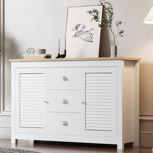 ZHOMGG Kommode Sideboard in Weiß mit Zwei Türen und DREI Schubladen, Aufbewahrungsschrank Mehrzweckschrank für Wohnzimmer Schlafzimmer Esszimmer (B) von ZHOMGG