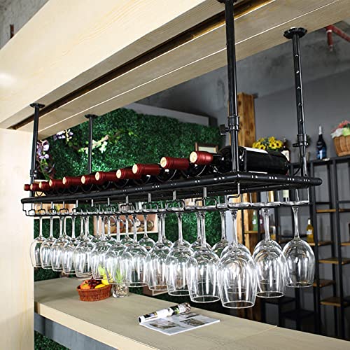 ZHOUT Deckenmontiertes Weinregal aus Metall, Weinflaschenhalter mit Glashalter, hängendes Weinregal, Stielglashalter, höhenverstellbar/60 x 35 cm von ZHOUT