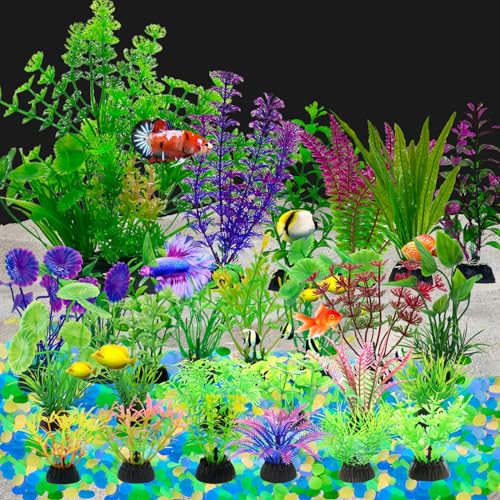 ZJRung 26 Stück Aquarium Pflanzen Deko Künstliche Wasserpflanzen Bunte Kunstpflanzen Aquarium Dekor mit 300 Stück künstlichem Leuchtstein von ZJRung