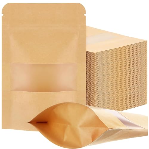 ZKSXOA 50 Stück Kraftpapiertüten, Braune Beutel Mit Sichtfenster, Standbeutel aus Kraftpapier, Anwendbar für Nüsse, Kaffeebohnen, Teeblätter, Gewürze usw(9x14cm) von ZKSXOA