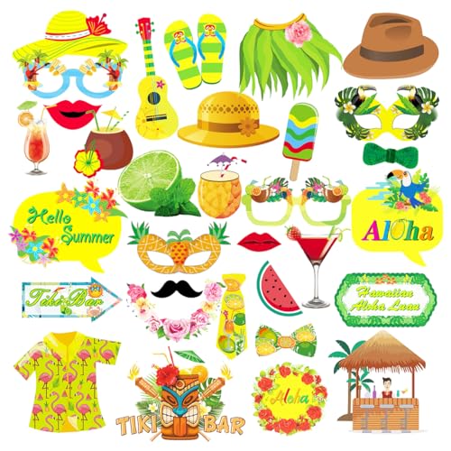 ZKSXOA Fotobox Requisiten Accessoires 33 Stück Hawaii Thema Photo Booth Props für Sommer Strand Urlaub Geburtstag Party von ZKSXOA