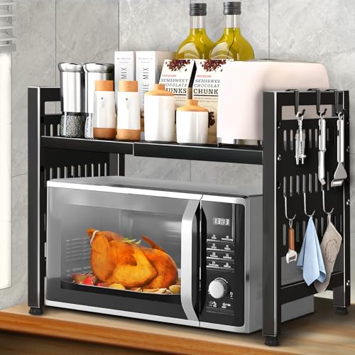 ZLPBAO Expandable Microwave Shelf 2-Tier, Mikrowellen Regal Mikrowellenregal Organizer Küche mit 6 Hängenden Haken Mikrowellenhalter Mikrowellenständer zum Aufhängen Organizer küchenorganizer von ZLPBAO