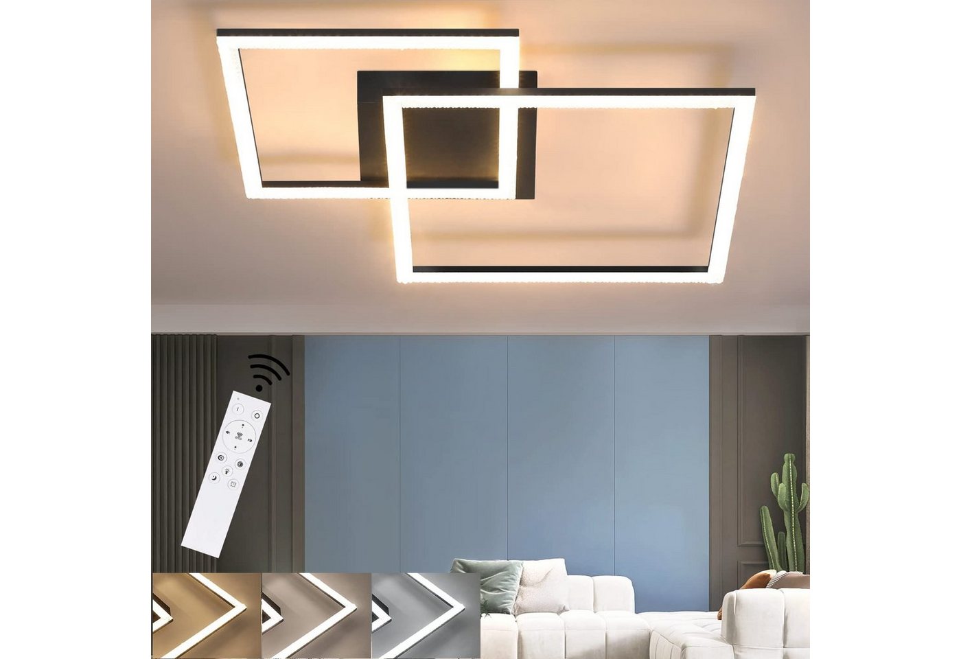 ZMH LED Deckenleuchte zwei Quadrat Kristall Modern LEDs 50W 57*48cm, LED fest integriert, warmweiß-kaltweiß, Schwarz von ZMH