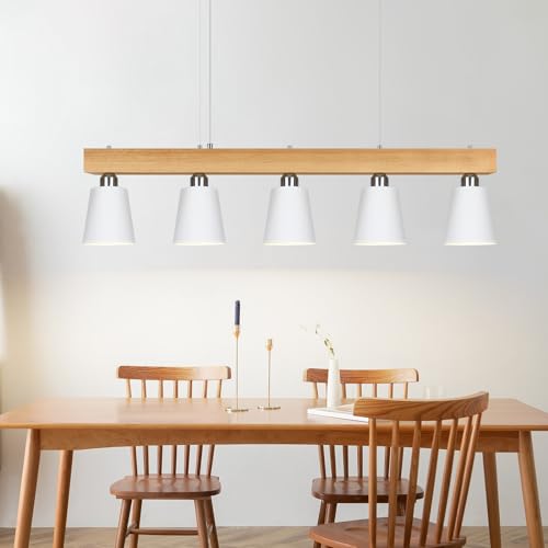 ZMH Pendelleuchte Holz Hängelampe Esstisch 100CM Rustikal Esszimmerlampe Metall Design Esstischlampe Modern Hängeleuchte 5-Flammig Pendellampe E27 Max.25W Weiß (ohne Leuchtmittel) von ZMH