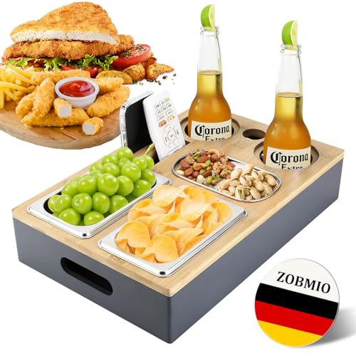 ZOBMIO Couchbar mit Snackschalen aus Edelstahl, Couch Bar mit Handyhalter & 2 Getränkehalter, Couchbar Snackbox aus Bambus 3-In-1, Sofa Organizer Geschenk, Sofa Butler, Couch Getränkehalter von ZOBMIO