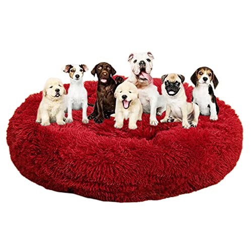 Langes Plüsch-Donut-Hundebett für große Hunde, bequemes, flauschiges Haustierbett, Kissenmatte mit rutschfester Unterseite, beruhigendes Hundebett, waschbar, Anti-Angst-Welpenbett, Ø 140 cm, weinrot von ZOCIS