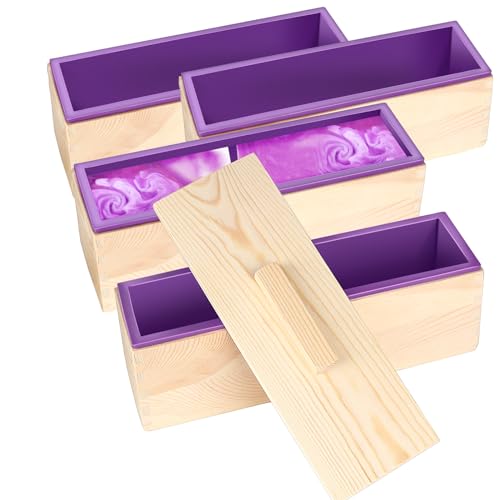 ZOENHOU 4 x 1,2 l lila Seifenformen und 4 Holzdeckel, flexible rechteckige Silikon-Seifenherstellungsformen-Set mit Holzbox, DIY-Werkzeug-Set für Seifenherstellung, PURPLE-4P-42OZ von ZOENHOU