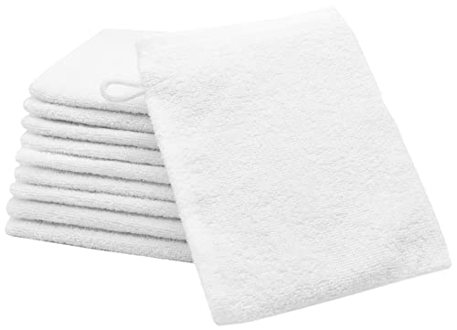 ZOLLNER 10er Set Waschhandschuhe in 16x21 cm - saugstarke und weiche Waschlappen in weiß - mit praktischem Aufhänger - waschbar bis 95°C - Baumwolle - Hotelqualität von ZOLLNER
