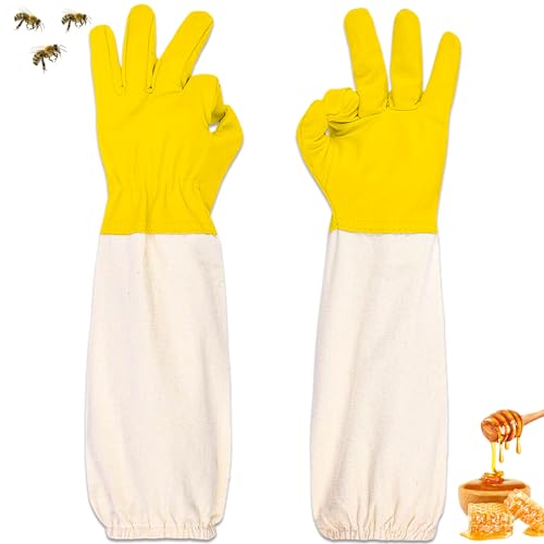 ZONSUSE Imker Handschuhe aus Ziegenleder, Imker Schutzhandschuhe mit Langen Ärmeln aus Segeltuch, Arbeitshandschuhe für den Garten, Mit Bienenschutzanzügen Kompatible Imkereiausrüstung (Gelb) von ZONSUSE