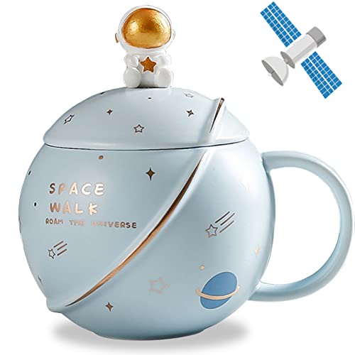 ZONSUSE Süße Astronauten Tasse, Kawaii Coffee Mug, Kaffeebecher Porzellan, Keramik Tasse mit Deckel und Löffel, für Tee, Saft und Milch, Lustige Geburtstags und Muttertagsgeschenke, 400ML (Hellblau) von ZONSUSE