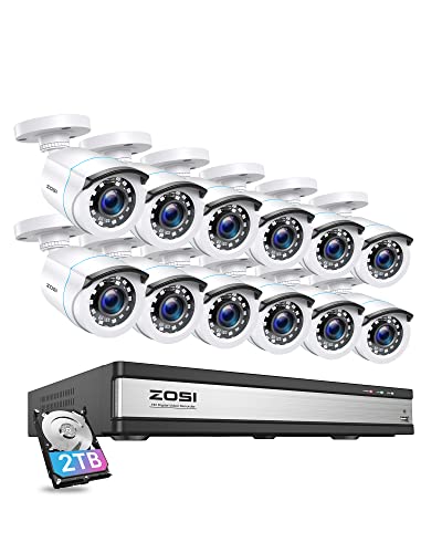 ZOSI 1080P HD Aussen Überwachungssystem, 16CH DVR mit 12x 2MP Sicherheitskamera 2TB Festplatte, Bewegungserkennung, intelligente Alarme, IP66 Wasserdicht, Weiß von ZOSI