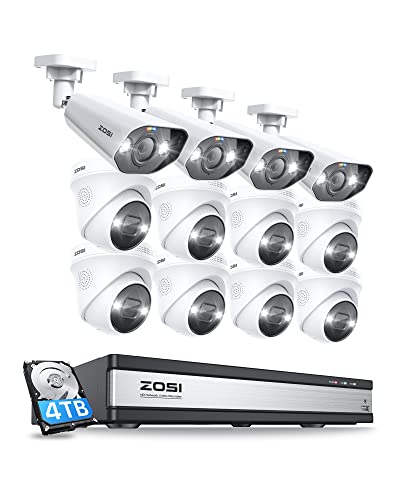 ZOSI 16CH 4K Überwachungskamera Set, Videoüberwachung mit 12X 4K PoE IP Kamera und 4K 4TB HDD NVR, 2-Wege-Audio, Farbnachtsicht, Spotlight und Sirenealarm, Personenerkennung von ZOSI