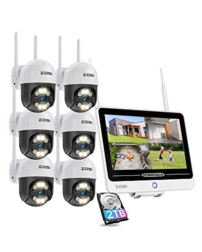 ZOSI 2K Überwachungskamera Set Aussen WLAN mit 12.5" Monitor, 6X 3MP Pan/Tilt WiFi Kamera mit Spotlight und 8CH 2TB HDD NVR, 2-Wege-Audio, Farbnachtsicht, IP66 Wasserdicht von ZOSI