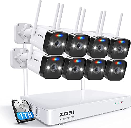 ZOSI 8CH 3MP WLAN Überwachungskamera Set mit 1TB Festplatte, Zwei Wege Audio, AI Menschen Erkennung, Weißlicht und Sirene Alarm, W4 Pro von ZOSI