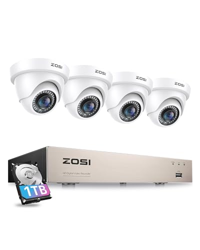 ZOSI Outdoor 1080P Überwachungskamera Set 8CH H.265+ DVR mit 4 1080P Außen Weiß Dome Kamera CCTV System für Innen und Außen, 1TB Festplatte, 24M IR Nachtsicht von ZOSI
