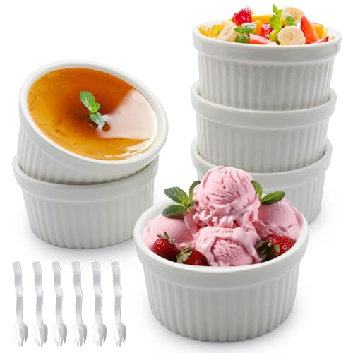 ZSMJAER 6 x Souffleeförmchen Backofenfest,Mini Förmchen 185ml,Ramekins for Baking mit 6er Kuchengabel Edelstahl,Klassische Porzellanschalen für Creme Brulee,Soufflé,Küchlein,Ofengemüse,9.2 * 4.8cm von ZSMJAER