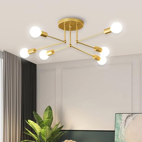 ZTWLEED Deckenleuchte Vintage,6 Flammig Industrielle Deckenlampe Gold,Deckenlampe E27,Form Verstellbar Kronleuchter,Retro Sputnik Deckenleuchte für Wohnzimmer Schlafzimmer (Ohne Glühbirne) von ZTWLEED