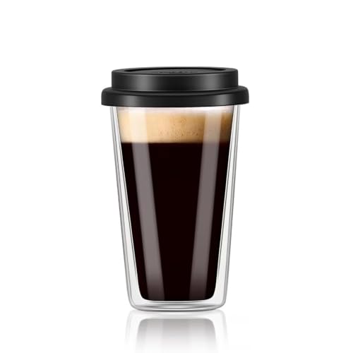 ZUCZUG Doppelmauerte Glas Kaffeetassen mit Silikondeckel, Glaskaffeetassen mit Deckel, klare Kaffeetassen für Cappuccino, Espresso, Latte, Tee, hitzebeständige Brille zum Trinken, 340ml, 1pack von ZUCZUG