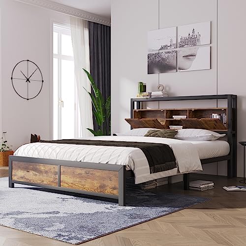 ZUUYEE Metallbett Jugendbett 140x200 cm mit Stauraum-Kopfteil und Metall Lattenrost, Doppelbett Metall Bettgestell Bettrahmen Für Erwachsene, Kinder, Jugendliche, Schwarz Bett von ZUUYEE