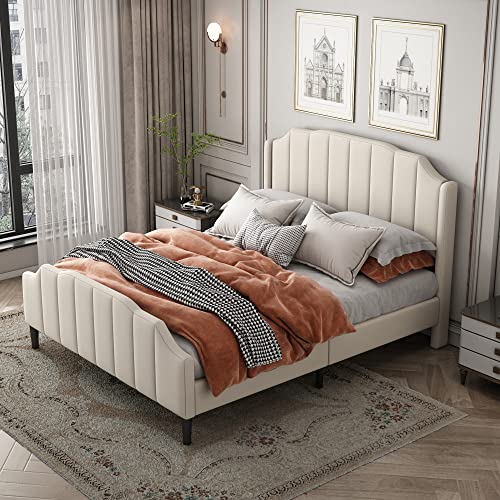 ZUUYEE Polsterbett 140x200 cm, Jugendbett Bettrahmen mit Kopfteil und Lattenrost, Samt Gepolstertes Doppelbett Gästebett, Bett 140x200, Beige von ZUUYEE