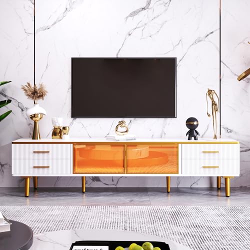 ZUUYEE TV Schrank, Fernsehschrank mit 4 Füßen, 4 Strukturierte Schubladen mit Goldenen Griffen und Zwei Braune Türen aus Gehärtetem Glas, Modernes TV Lowboard für Wohnzimmer, 170cm von ZUUYEE