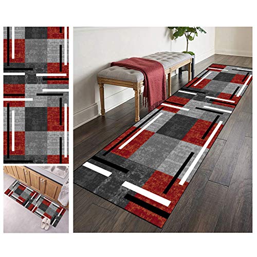 ZVEZVI Teppich Läufer Flur Küche rutschfest Waschbar Grau und Rot Geometrische Muster 50x250cm Boho Bunter Modern rutschfest Waschbar Vintage Kücheläufer Teppichläufer Polyester Meterware Anpassbar von ZVEZVI