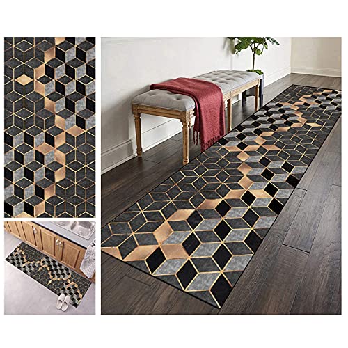 ZVEZVI Teppich Läufer Flur Küche rutschfest Waschbar Grau und Schwarz Geometrisches 3D-Muster 40x200cm Bunter Modern Rutschfest Waschbar Vintage Kücheläufer Teppichläufer Polyester Meterware Anpassbar von ZVEZVI