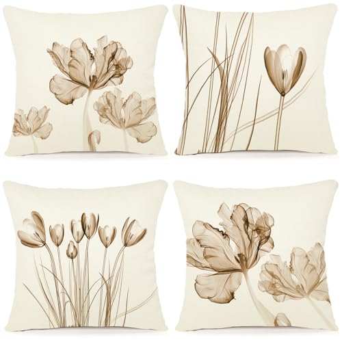 ZWJD Blumen Kissenbezug 40x40 4er Set Outdoor Kissen Dekokissen Leinen Kissenhülle Kissenbezüge Florales Aquarellgemälde Kissenhüllen für Sofa Wohnzimmer Zierkissen 40x40cm von ZWJD