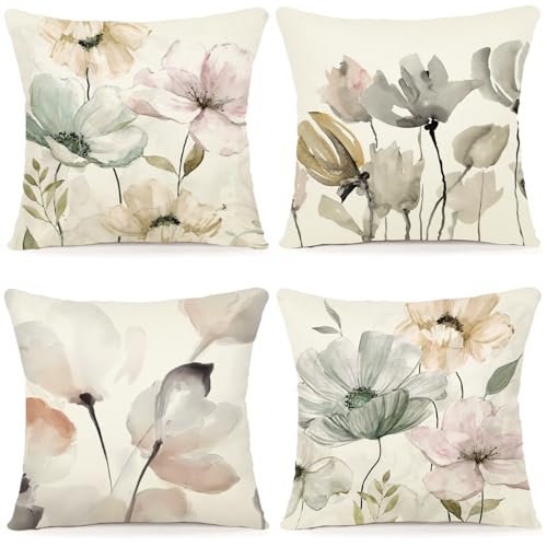 ZWJD Blumen Kissenbezug 50x50 4er Set Outdoor Kissen Dekokissen Leinen Kissenhülle Kissenbezüge Florales Aquarellgemälde Kissenhüllen für Sofa Wohnzimmer Zierkissen 50x50cm von ZWJD