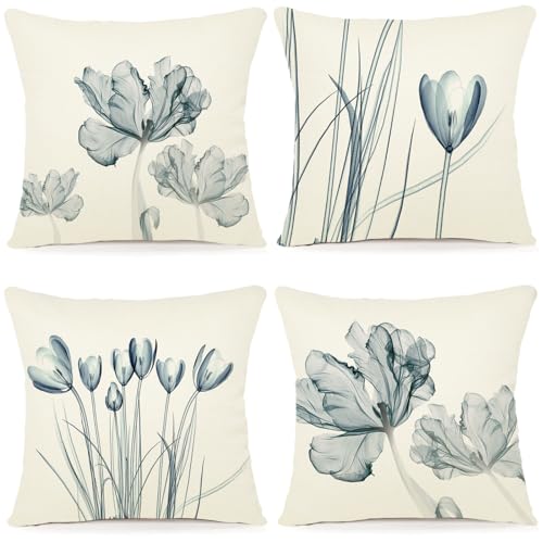 ZWJD Blumen Kissenbezug 50x50 4er Set Outdoor Kissen Dekokissen Leinen Kissenhülle Kissenbezüge Florales Aquarellgemälde Kissenhüllen für Sofa Wohnzimmer Zierkissen 50x50cm von ZWJD