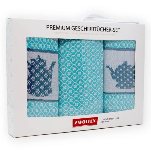 ZWOLTEX Premium Geschirrtücher Set Ägyptische-Baumwolle I Made IN EU I Oeko-TEX 100 I Jacquard Geschirrhandtücher Geschenkset - 3X Küchentücher (Geschenkset (3X Geschirrtücher), Teekanne Türkis) von ZWOLTEX