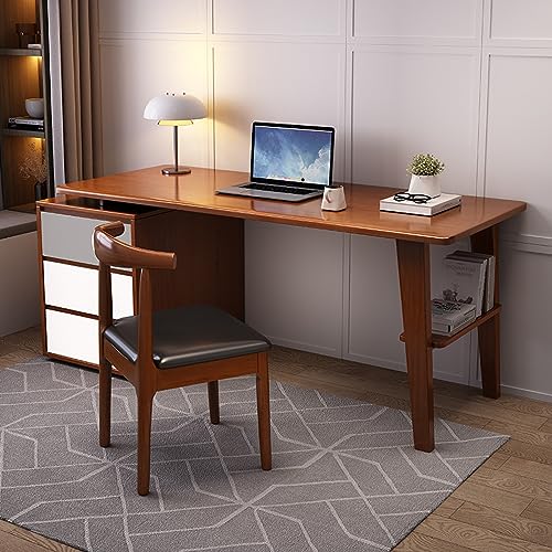 Schreibtisch für zu Hause mit Schubladen, Schreibtisch aus Massivholz, moderner Computertisch mit Stauraum, Walnuss + Weiß von ZXFDMSWJ