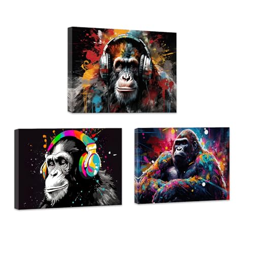 ZXHYWYM Affenbilder Wanddekoration lustige coole Affen Gorilla Leinwanddrucke Gorilla mit Kopfhörern Gemälde fröhliche Musik Tierkunstwerk mit Rahmen (A (50x70cmx3)) von ZXHYWYM