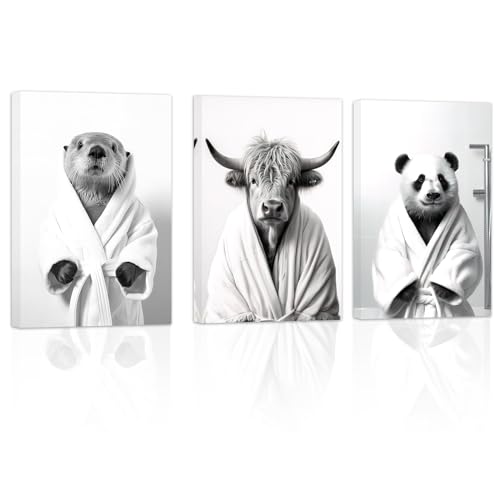 ZXHYWYM Badezimmer Tierbilder 3 teilig niedlicher Otter Hochlandkuh Panda im Bademantel lustiges Poster schwarz weiß Leinwanddrucke für Toilette Toilette (Bild-2, (28.00 x 35.00 cms x 3 Teilig)) von ZXHYWYM