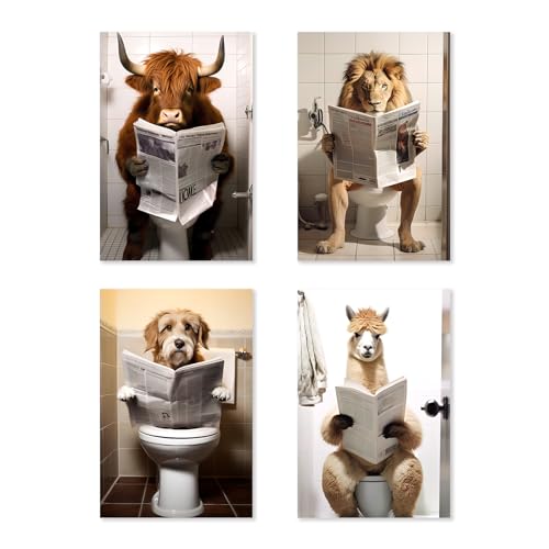 ZXHYWYM Lustige Badezimmer Leinwanddrucke 4 teiliges Highland Kuh Löwe Hund Alpaka Poster Tiere auf der Toilette Bild für Humor Waschraum Toiletten Dekoration(A Kein Rahmen (30x40cmx4)) von ZXHYWYM